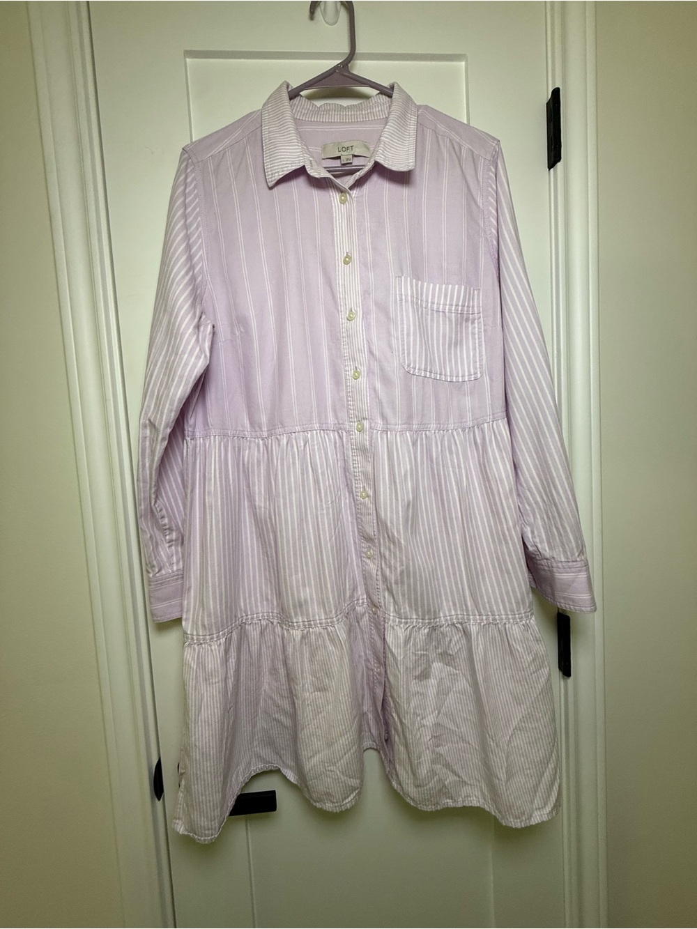 LOFT Women’s Pale Lavender Striped Tiered Shirt Dress